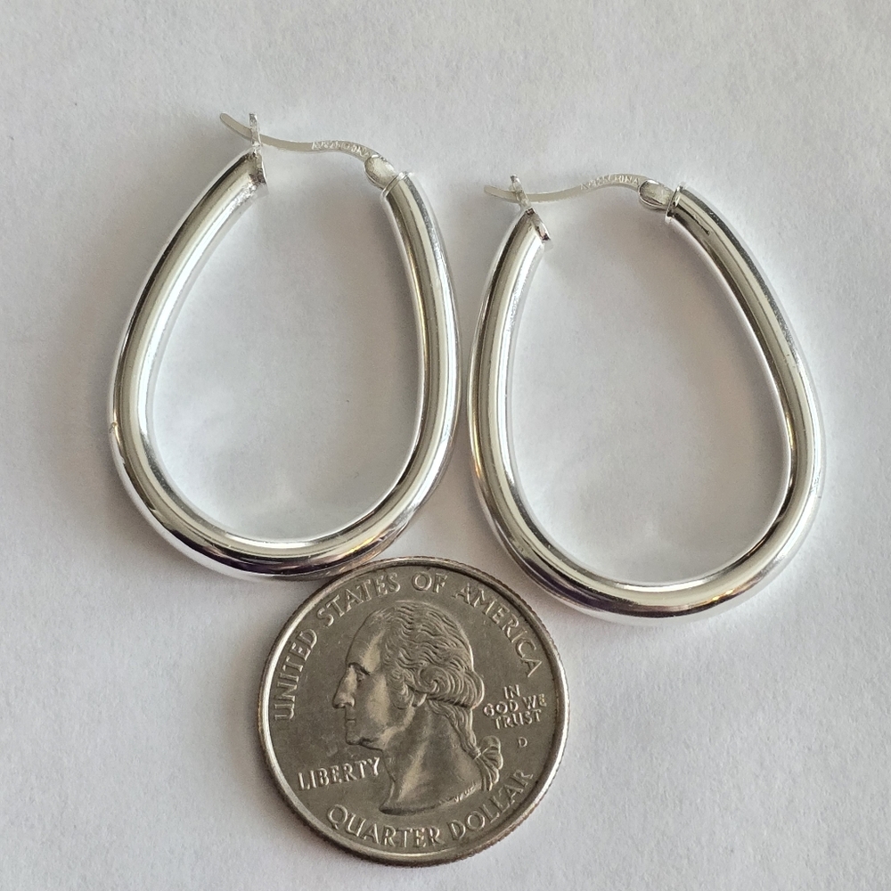 Sterling Silver hoop earrings 925 long elongated tube elegant classic - Picture 9 of 10